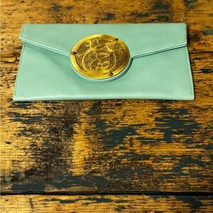 Mint Green Envelope Clutch with Decorative Gold Medallion